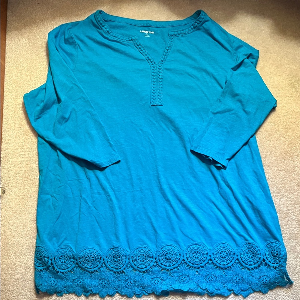 Talbots 2X Turquoise Lace Hem Tunic 3/4 sleeve
